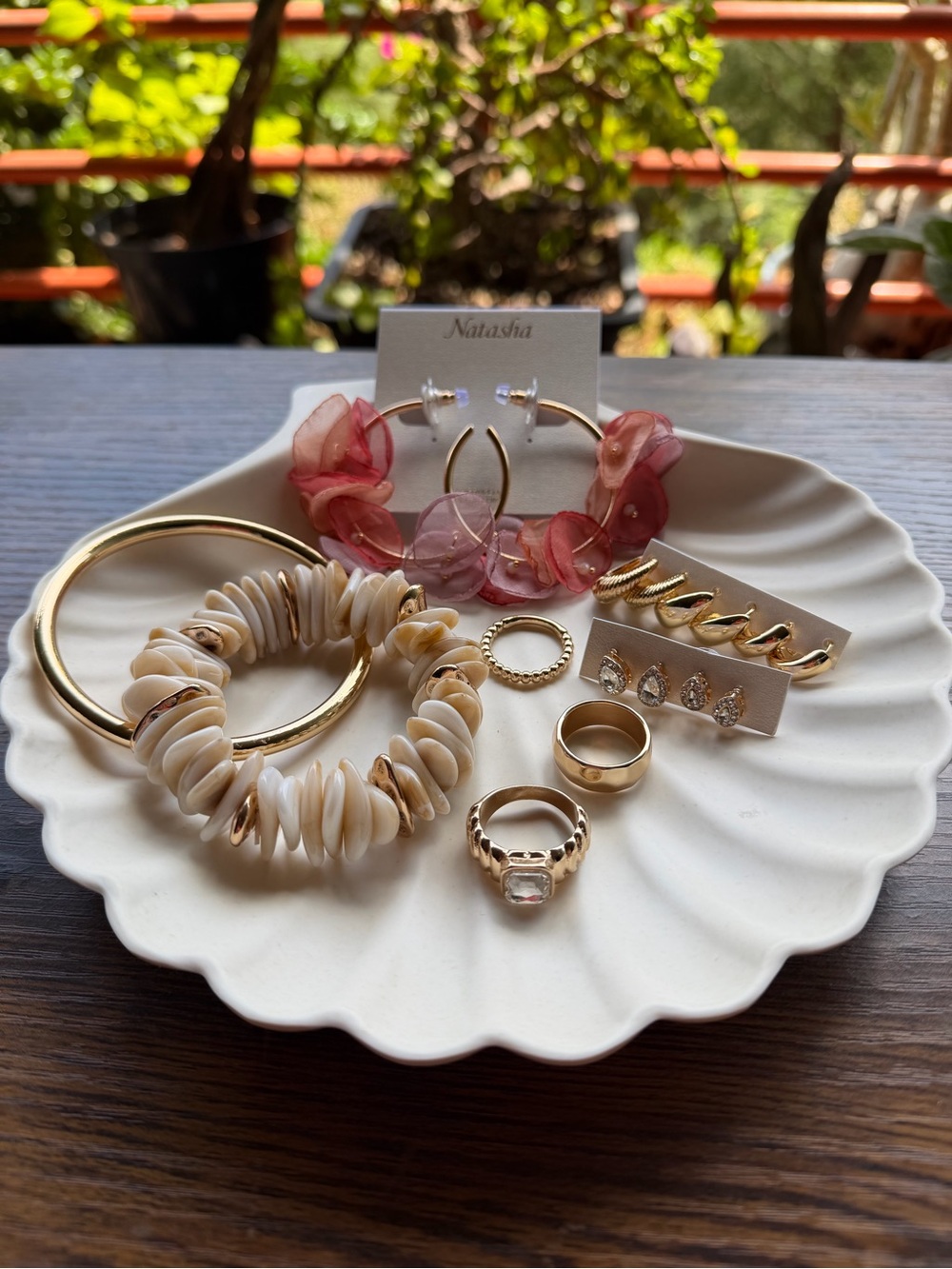 Gold Jewelry Lot Shell Bracelet Hoop Earrings Rings